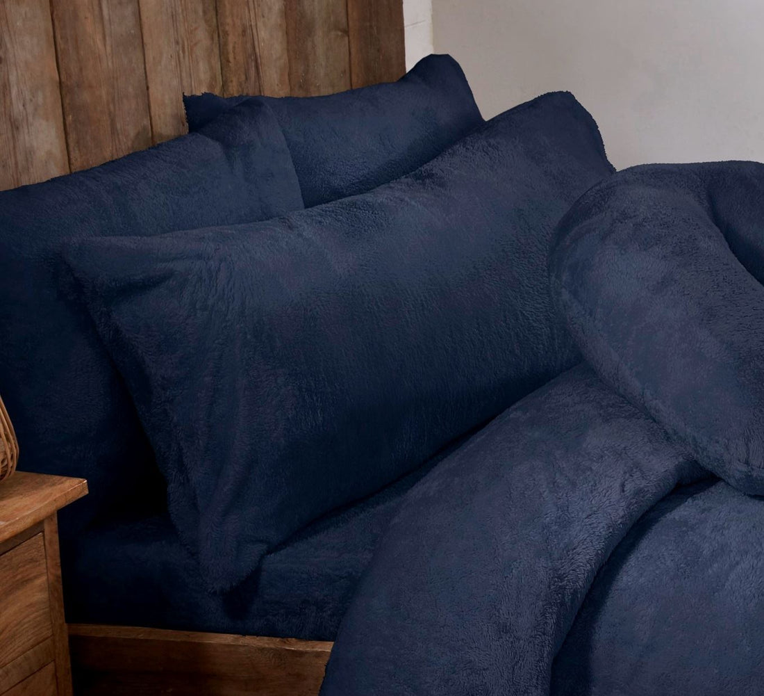 Navy Blue Teddy Fur Fleece Bolster Pillows - 3ft, 4ft6, 5ft