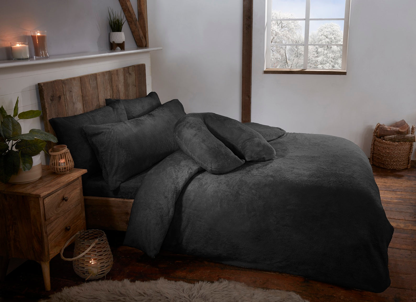 Charcoal Grey Teddy Fur Fleece Soft Duvet Cover Set Including Pillowcases
