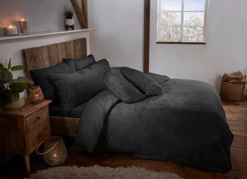 Charcoal Grey Teddy Fur Fleece Soft Duvet Cover Set Including Pillowcases