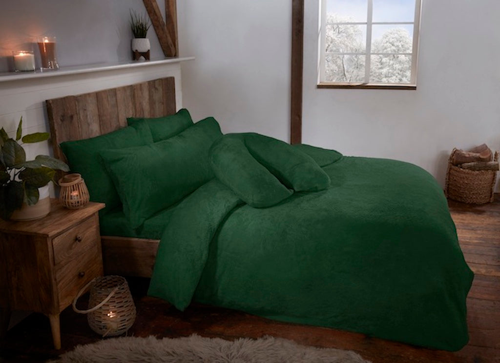 Forrest Green Teddy Fur Fleece Soft Duvet Cover Set Including Pillowcases