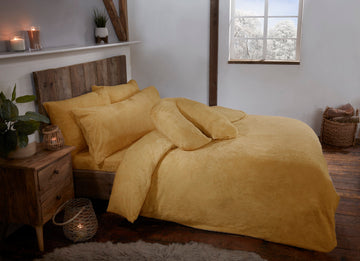 Ochre Mustard Teddy Fur Fleece Soft Duvet Cover Set Including Pillowcases