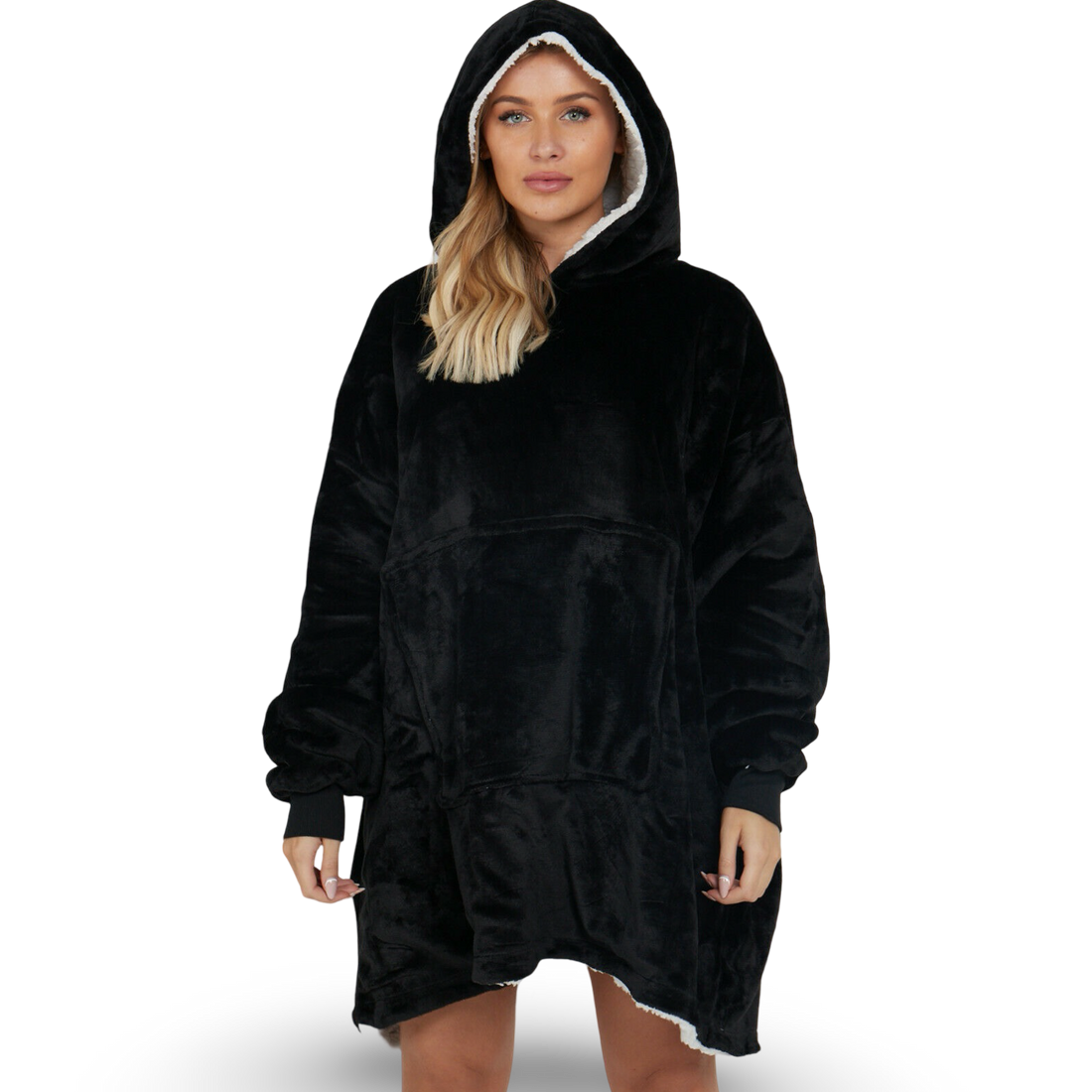 Black Oversized Hoodie Blanket - Reversible Sherpa Fleece Hoodie